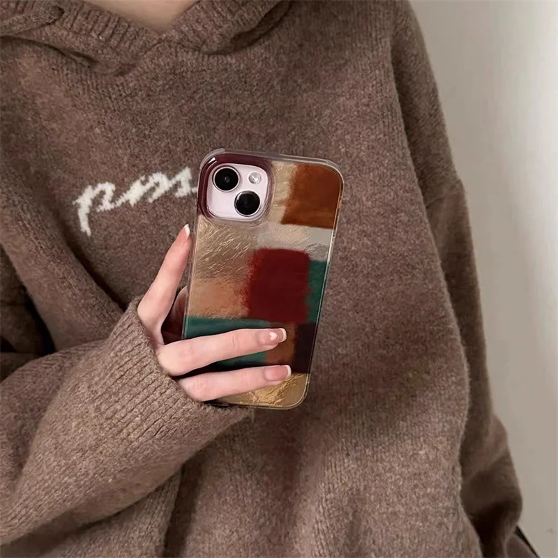 Retro brown red color blocked phone case with fur ball phone chain For iPhone 11 12 13 14 15 pro max
