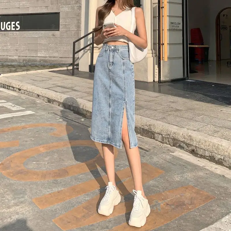 

Female Jeans Skirts Midi Blue High Waist with Slit Women's Denim Skirt Korean Fashion Stylish Luxury Elegant Streetwear Premium