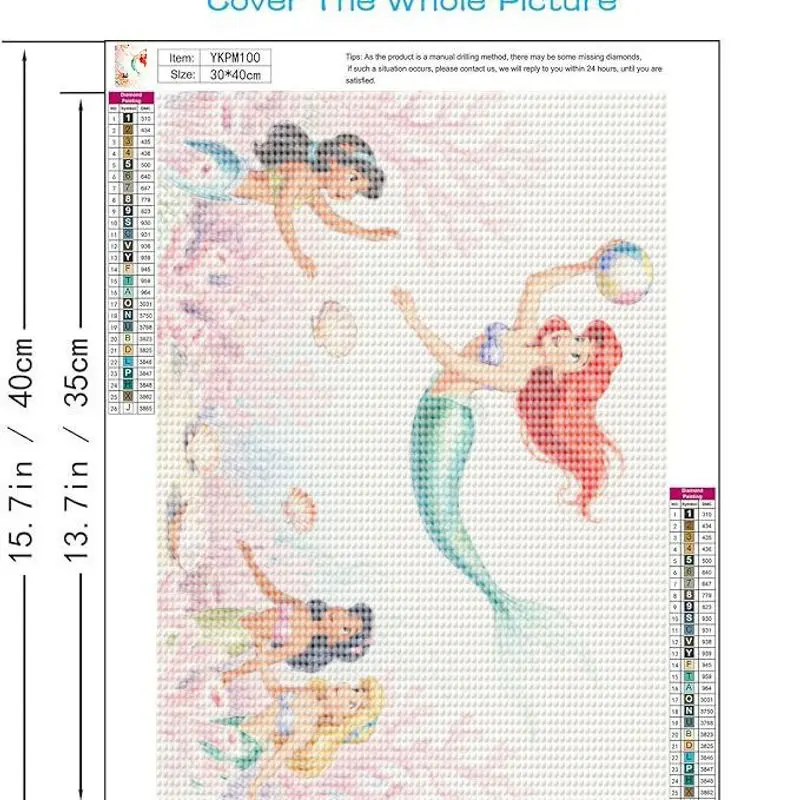 1PC Cute Cartoon Ariel & Mermaid Princesses 5D Full Drill Diamond Painting Kit, DIY Underwater World Gem Art Big Crystal Rhinest