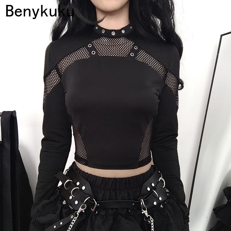 Gothic Fishnet Patches T-shirts Techwear Cyber Punk Grunge Hollow Out Skinny Crop Tops Black Eyelet Fashion Alt Clothes Black