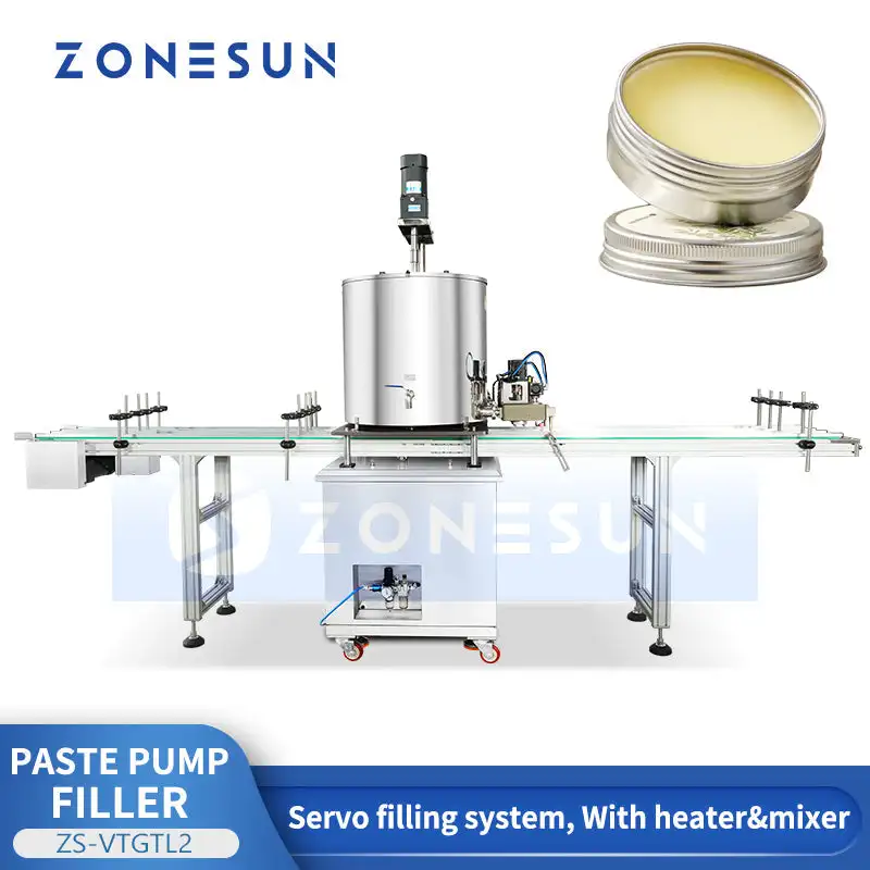 ZONESUN ZS-VTGTL2 Auto Paste Filling Machine with Heating & Stirring Hopper Servo Pump Filler for Balm Solid Perfume Cosmetics
