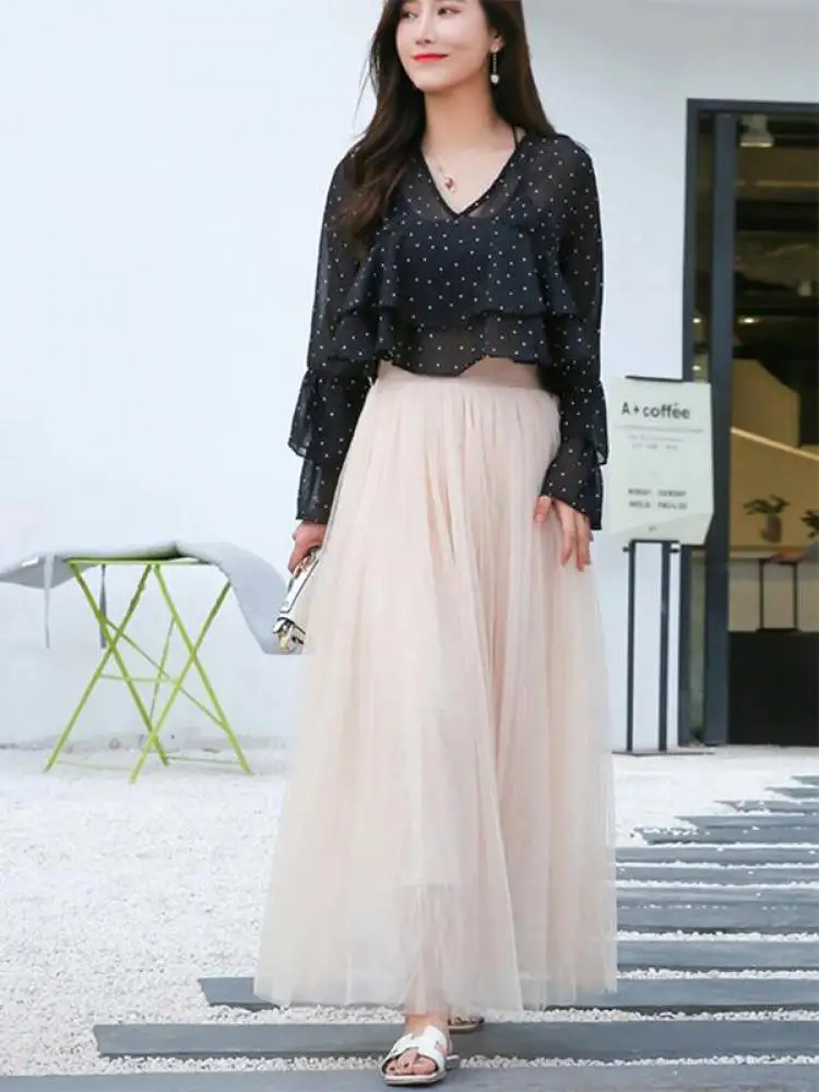 Vintage Tulle Skirt Women Streetwear Elastic High Waist Mesh Pleated Skirts Summer Elegant Korean A Line Office Ladies Skirt New