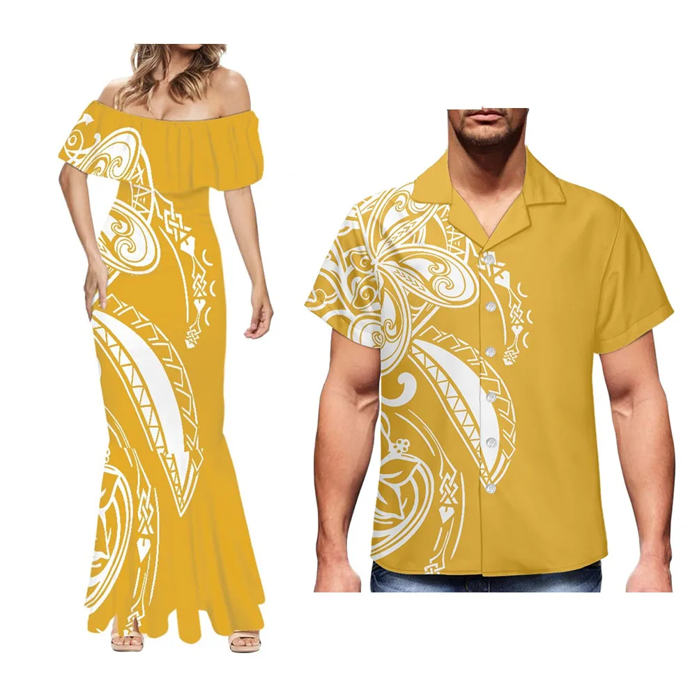 Men's Fitted Lapel Shirt With Women's Fashionable Long Dress Polynesian Tribal Print Holiday Party Couple Suit Summer 2022