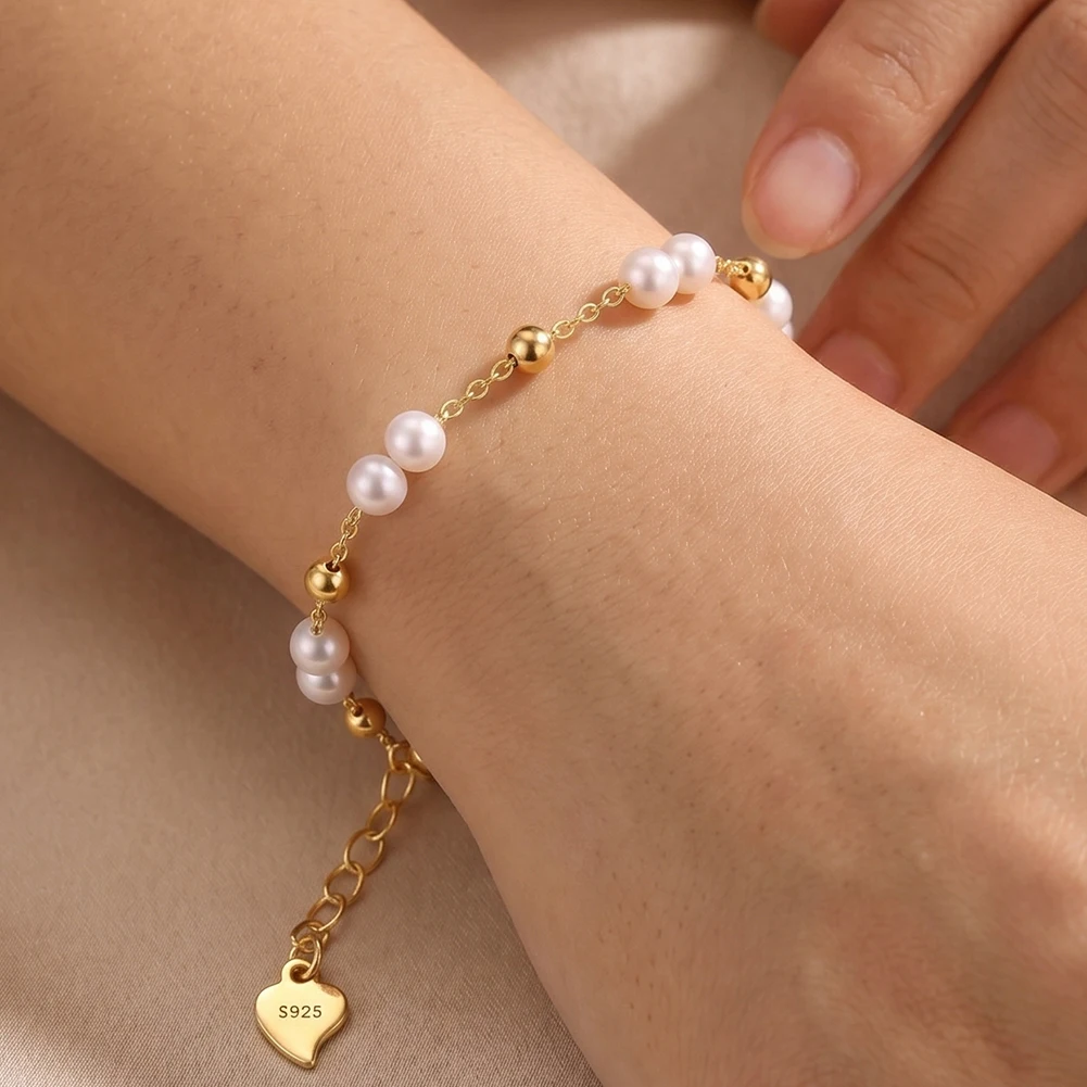 ORSA JEWELS Perlenarmband aus 925er Sterlingsilber, Vintage-Stil, 14 Karat Gold, Perlenarmband, Kette am Handgelenk, für Damen, Party-Schmuck, GPB40 – Detail 9