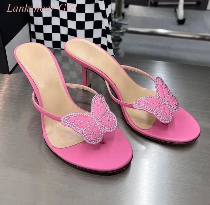 

2023 New Summer Women Butterfly Heels Slides Sparkly Sandals Pink Green Beige Rhinestone Butterfly Flip Flops