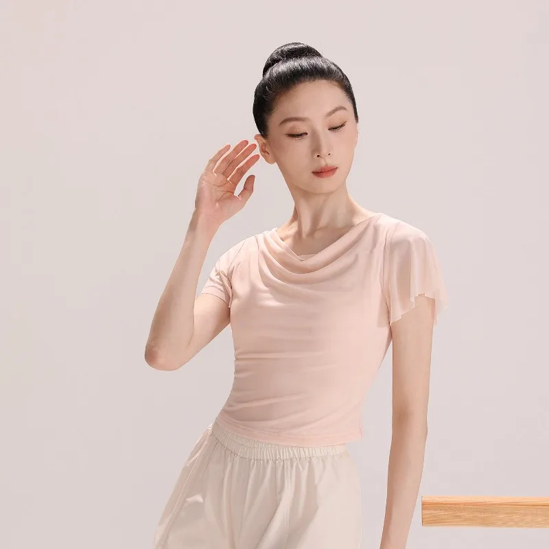 Women Ballet Dance Top Female Gymnastics Dancewear Adult Swinging Neck Mesh Body Clothing Yoga Basic Training Top