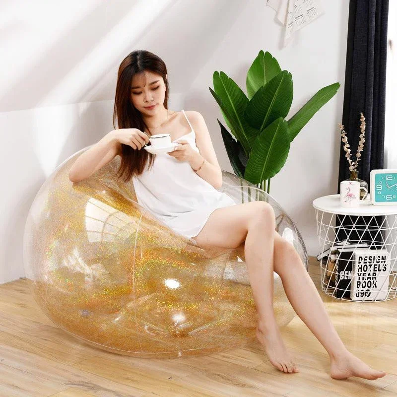Simple Inflatable Home Lazy Air Sofa Transparent Sequin Lounge Chair Portable Pvc Inflatable Sofa Outdoor Portable