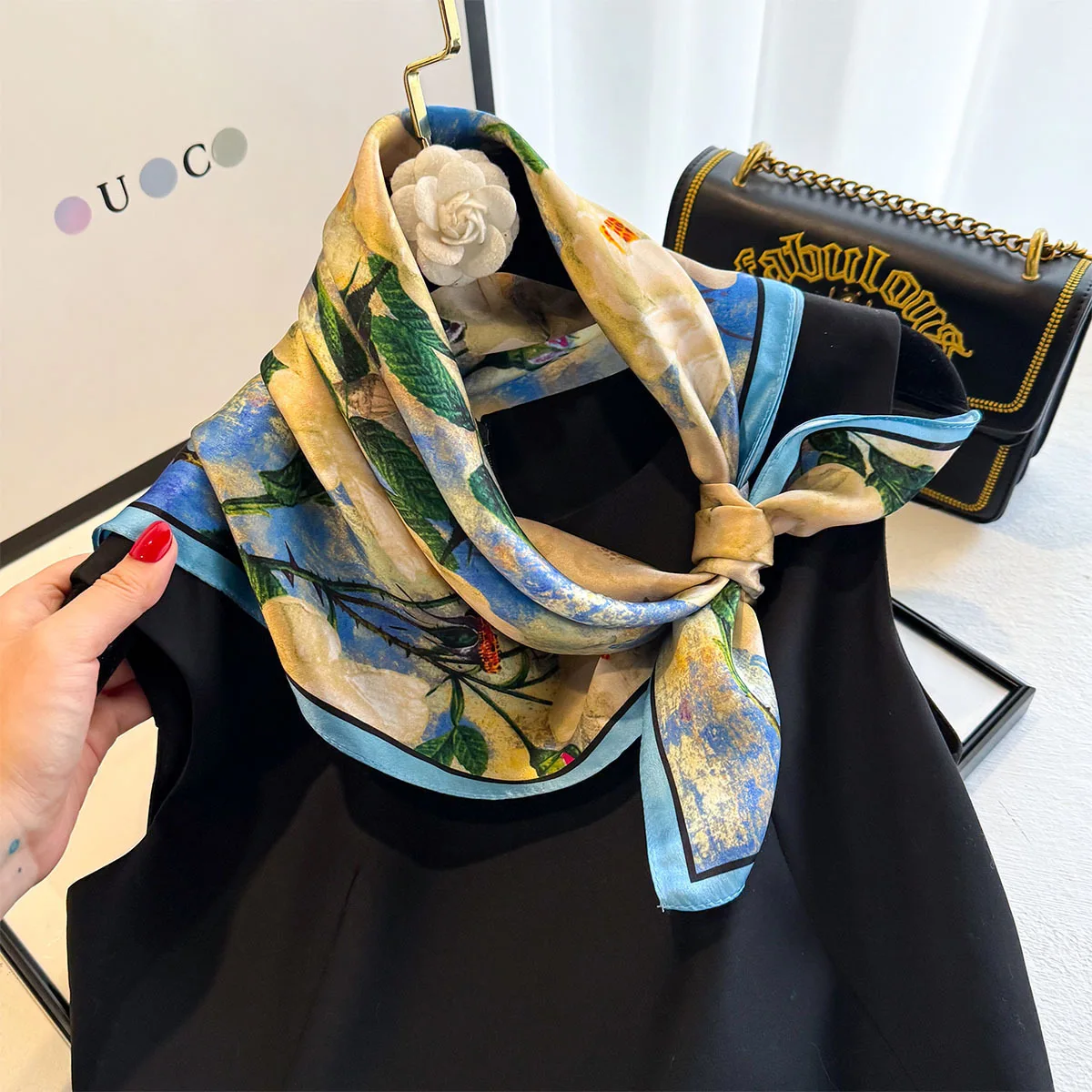100 % natürlicher Seidenschal für Damen, Foulard, Damen-Schal, elegantes, hochwertiges, quadratisches Halstuch für Damen, Hijab, Bandana, Schals – Detail 8