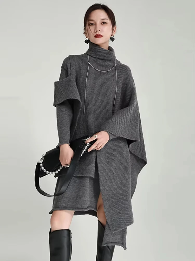 

Women Gray Irregular Design Knitting Dress New Turtleneck Long Sleeve Loose Fit Fashion Tide Spring Autumn 2024 1DF2618