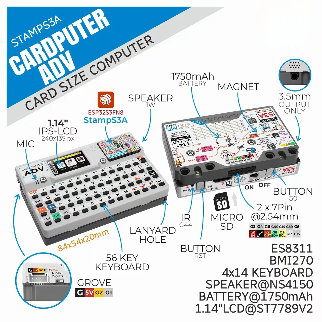 Official M5Stack Cardputer Adv Card Computer 56 Key Programmable Development Board Stamp-S3A