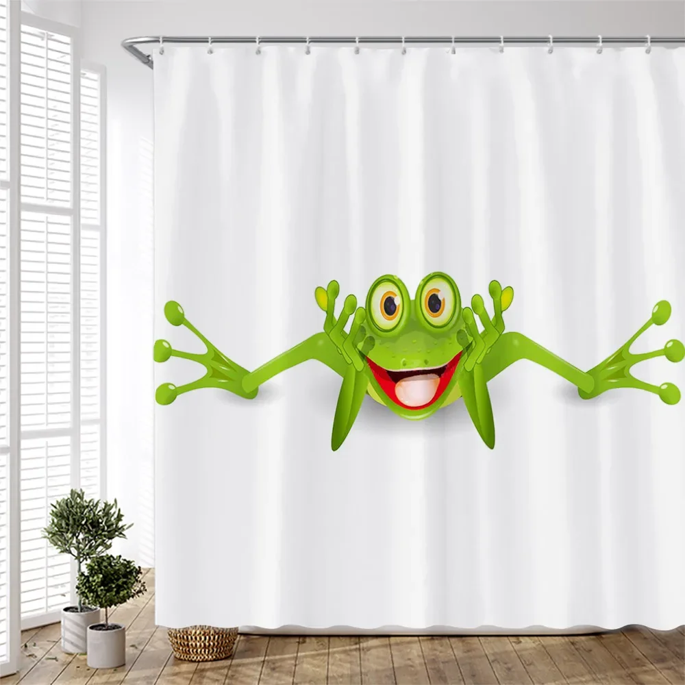 Cartoon Happy Green Frog Shower Curtain for Bathroom Children Bath Curtain Home Decor Polyester Washed Fabric Scenery with Hook