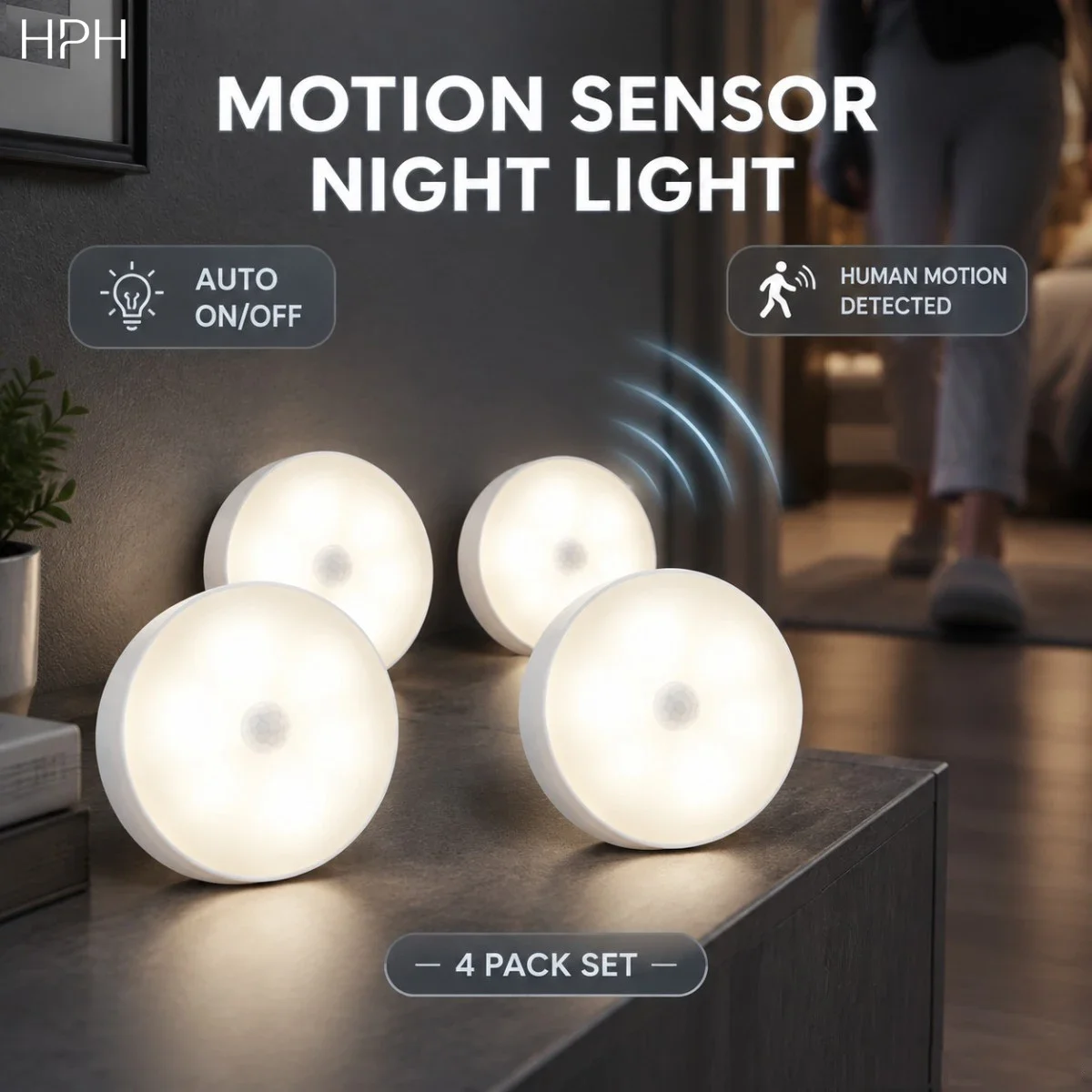 4pcs Motion Sensor LED Night Light USB Rechargeable Night Lamp For Kitchen Cabinet Wardrobe Lamp Staircase Wireless Closet Light