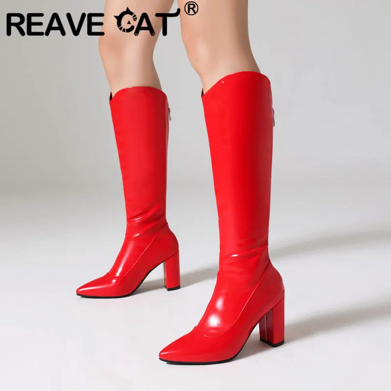 

REAVE CAT Brand Concise Daily Women Bota Boots for women Hot Female Long Boots Pointed Toe Chunky High Heels 8.7cm Size 41 42 43