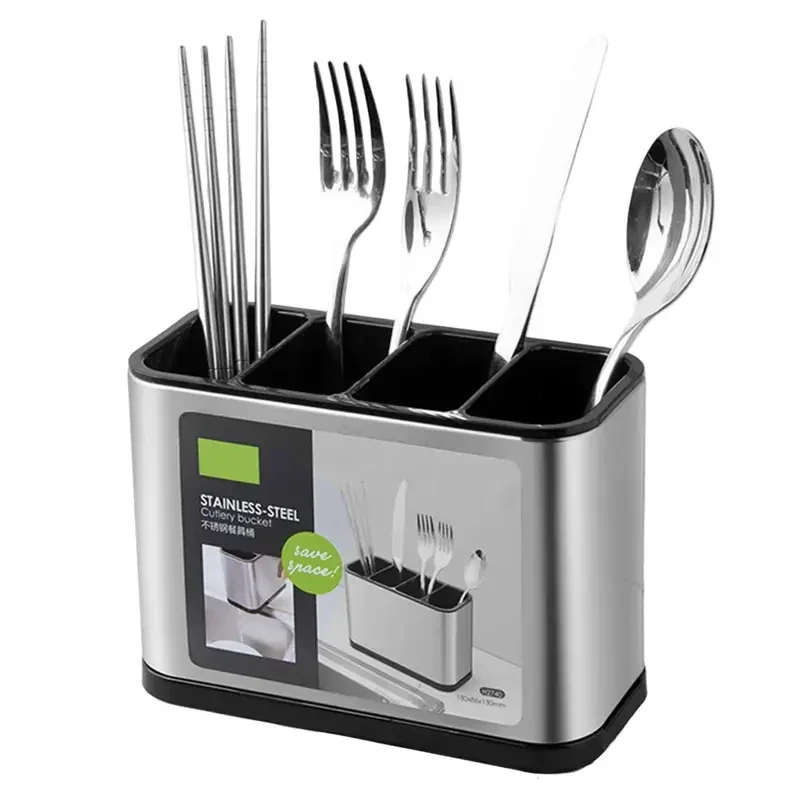 Suporte de Utensílios de Cozinha em Aço Inoxidável Antiderrapante e à Prova de Ferrugem com Furo de Drenagem, Organizador de Armazenamento para Colheres e Garfos
