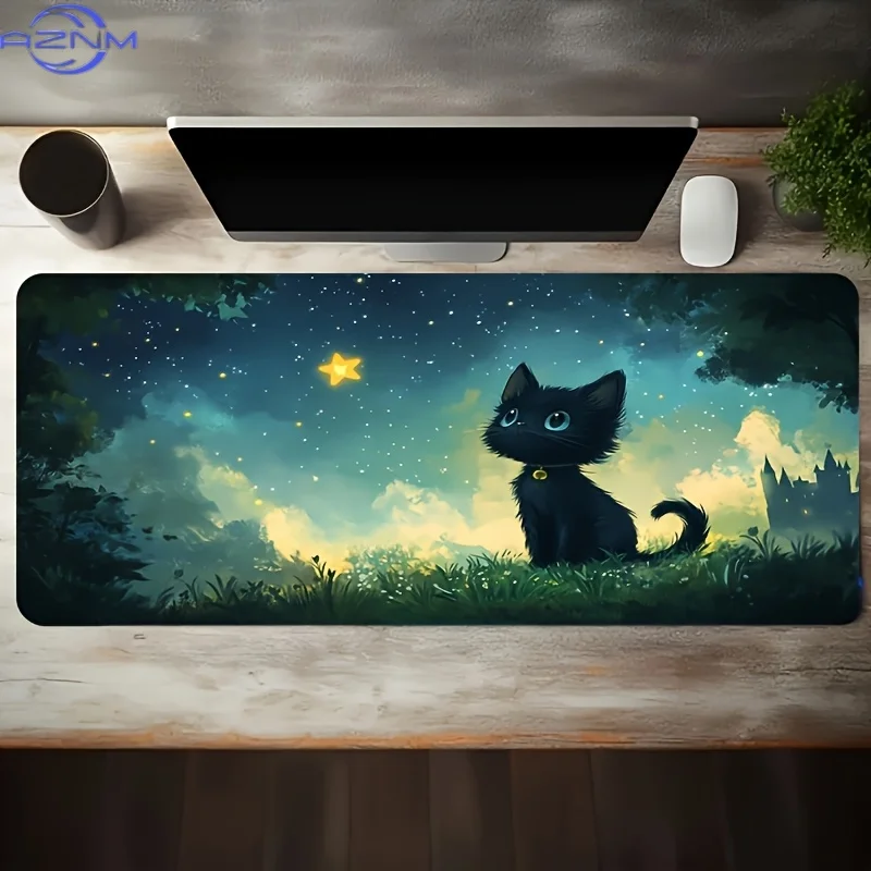 Magical Starry Woods Kitten Gaming Mouse Pad, Glitter Star Black Cat Art Print Non Slip Mat for Home Office Desktop Accessories