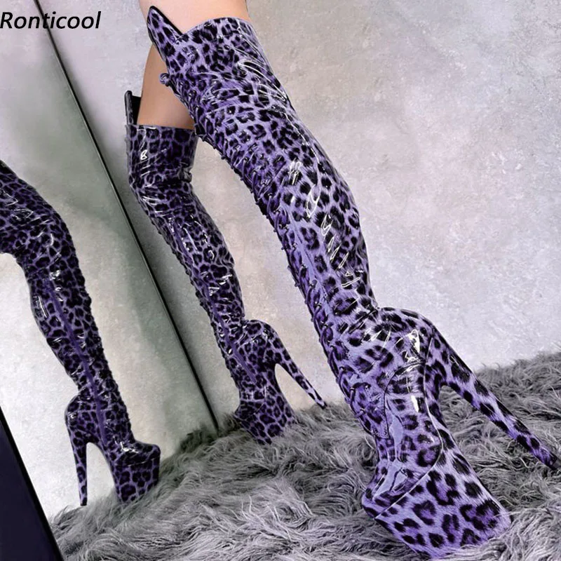 Ronticool Women Winter Platform Thigh Boots Sexy Stiletto High Heels Round Toe Leopard Cosplay Shoes Ladies Us Plus Size 6-12