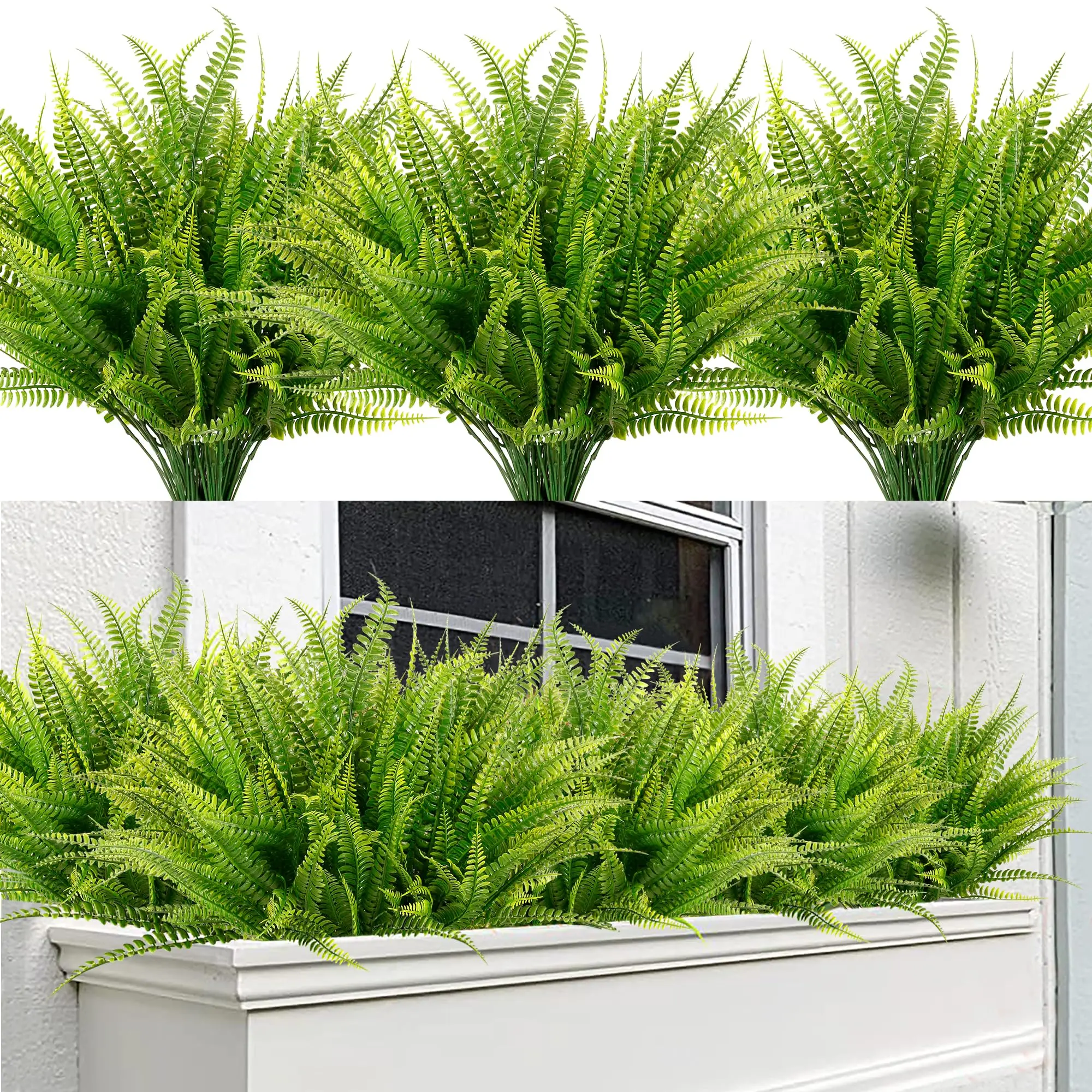 3pcs Artificial Boston Ferns Fake Plants Faux Bushes Shrubs Greenery UV Resistant Plant for Home Garden Outdoor Yard Decor