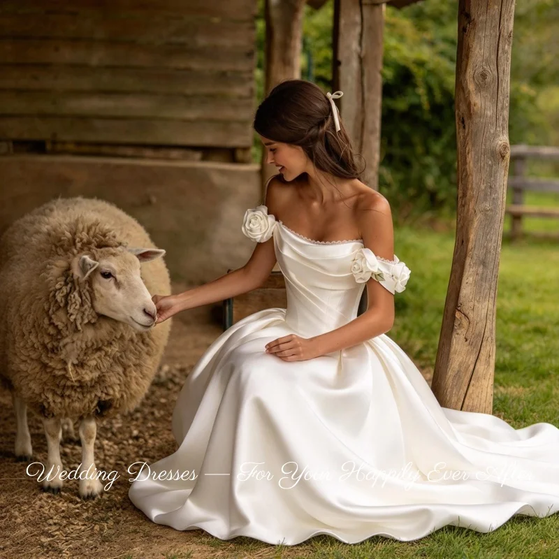 Romantic Bridal Dress Satin A-line Off Shoulder Removable Floral Sleeve Court Train Vestidos De Novia Customized