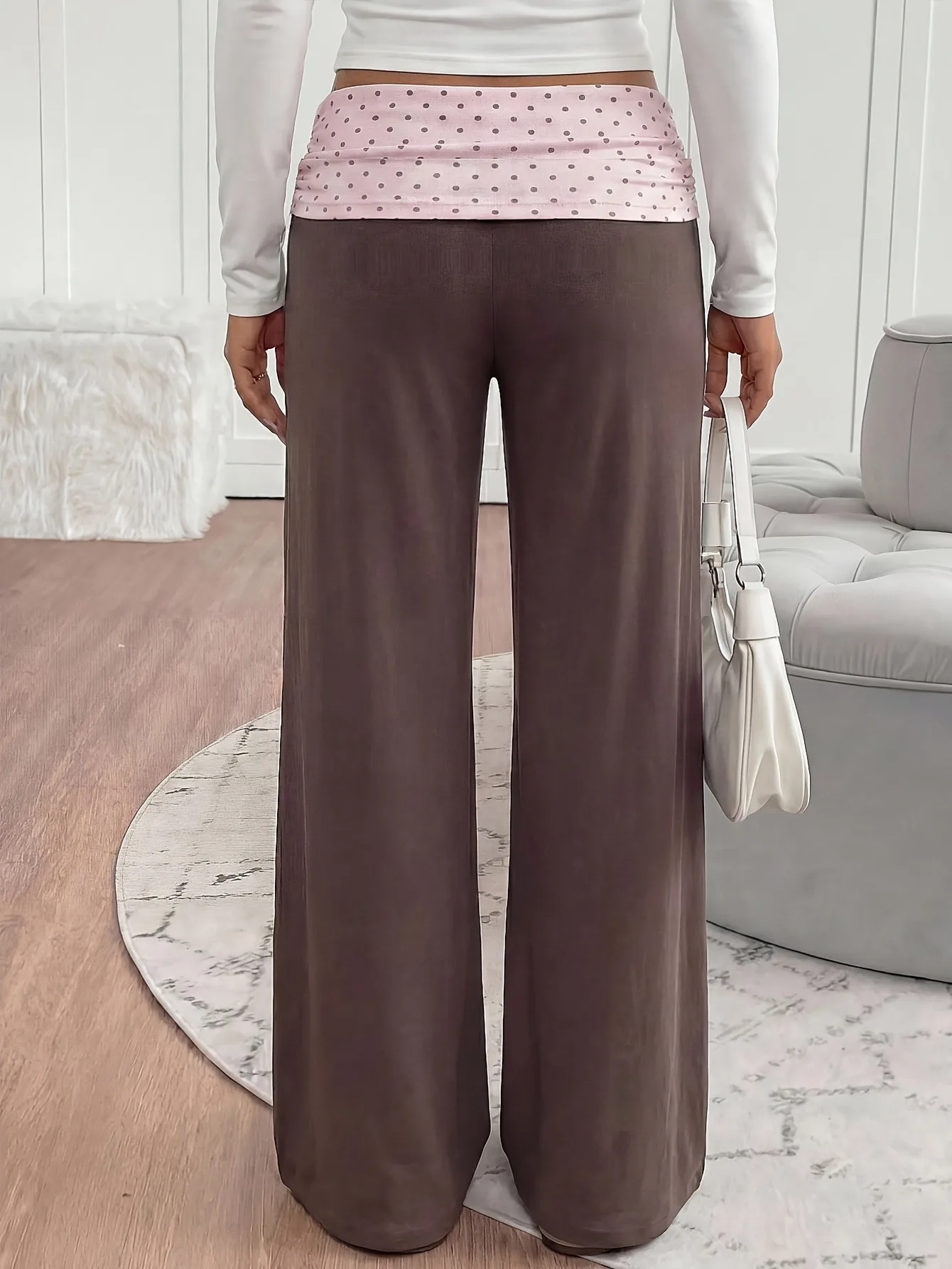 Einteilige Schlaghose für Mädchen, rosa gepunkteter, umklappbarer Bund, weiche, lässige Hose aus Modal mit hoher Taille und weitem Bein – Detail 3