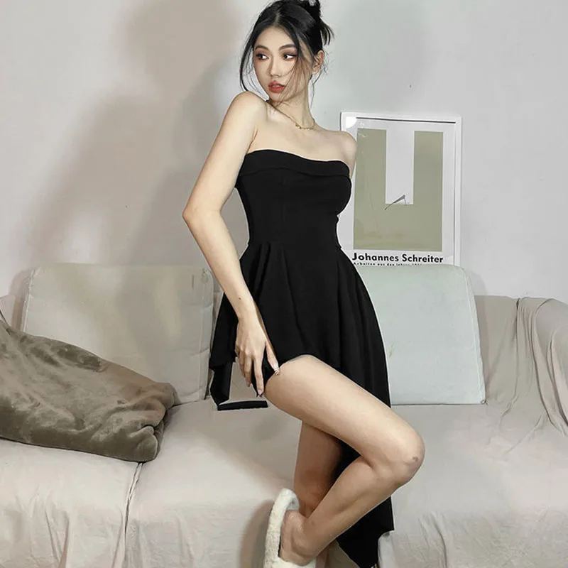 Elegant Strapless Dress Women Fashion Party Nightclub Irregular Chic Slim Black Dress with Bottoms Two-Piece Set Female Clothes