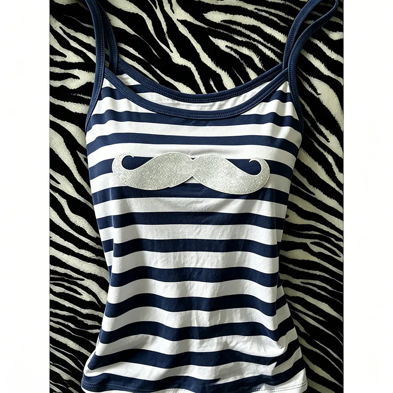 Stripe Print Streetwear Personalized Women Clothing Ins Slim Sleeveless Tees Y2k Punk Style Korea Chic Minority Moda Tops