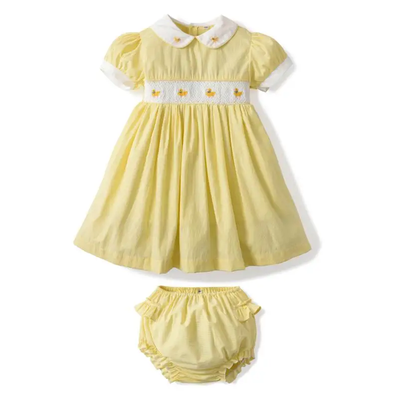 

2Pcs Flower Baby Girl Smocking Yellow Dress Children Duck Embroidery Dresses Girls Princess Charlotte Smocked Clothes