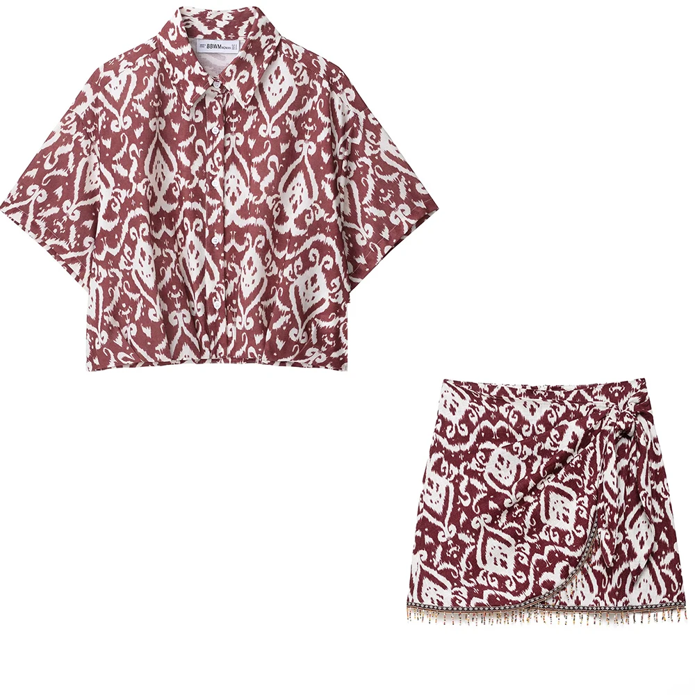 

2025 new women's clothing European and American style casual temperament printed short sleeved shirt&beaded short skirt set