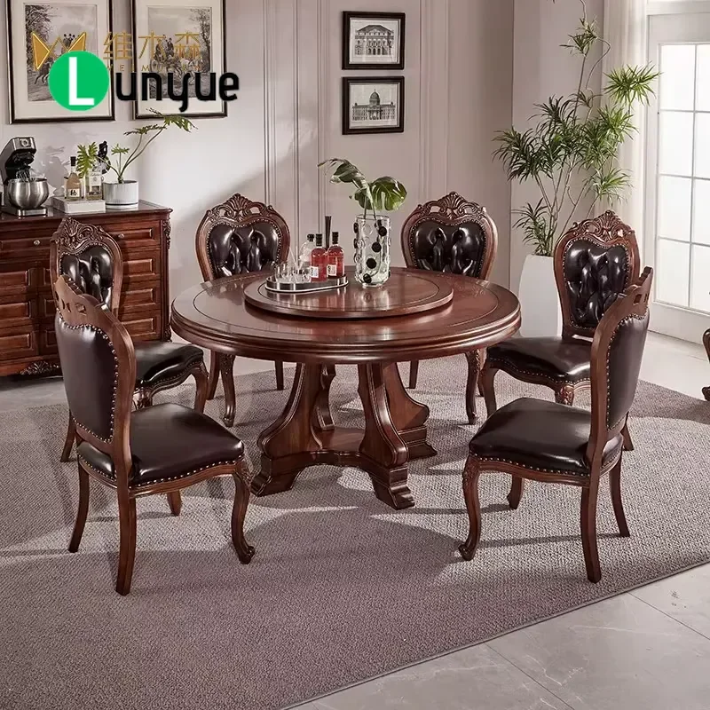American Style Round Solid Wood Dining Table with Turntable Black Walnut Finish 6 Seater Chair Set No Assembly Required for