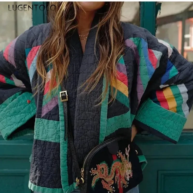 Feminino casual parka outono-inverno 2025 moda impressão geométrica emendado jaqueta vintage lapela quimono cardigan elegante topos térmicos