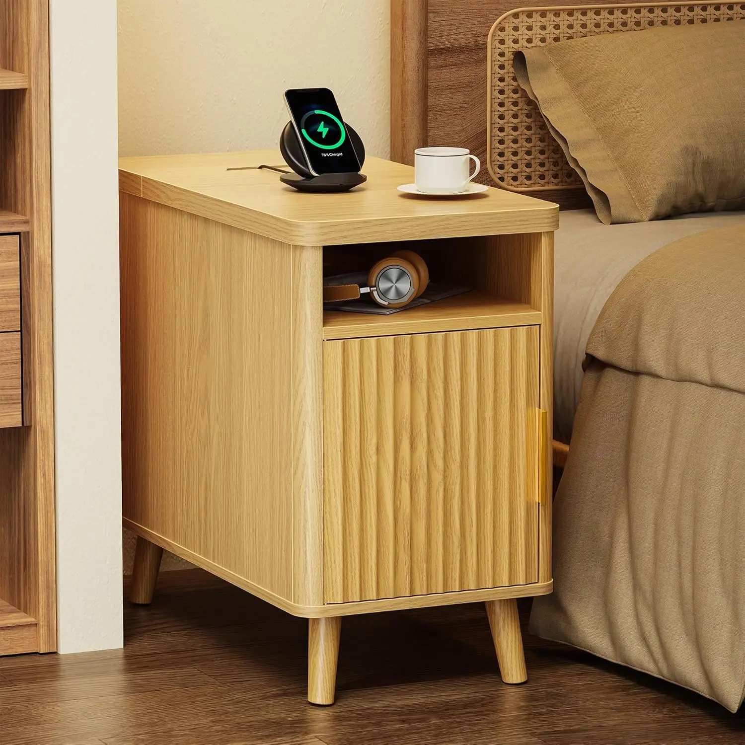

Narrow End Table with Charging Station, USB-C Port, Fluted Nightstand with Storage Cabinet, Back Rack, Side Table for Small S