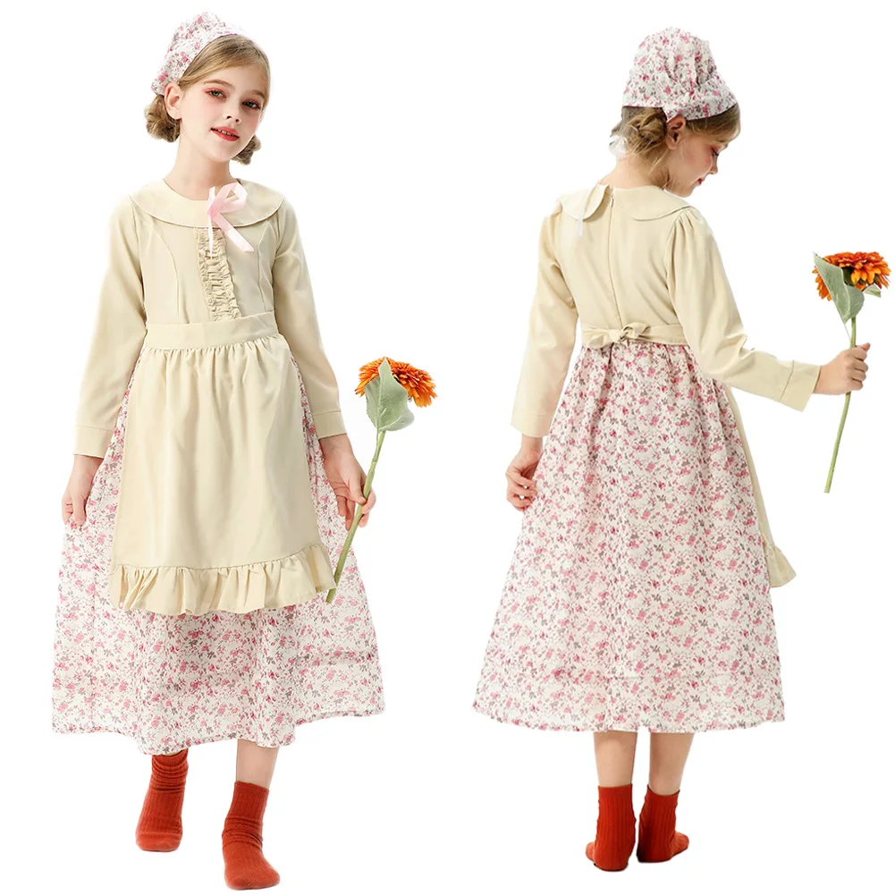 

Halloween Pilgrim Girls Cosplay Costume Floral Dress Scarf Kids Roleplay Clothing Outfits Halloween Carnival Vacation Clothes