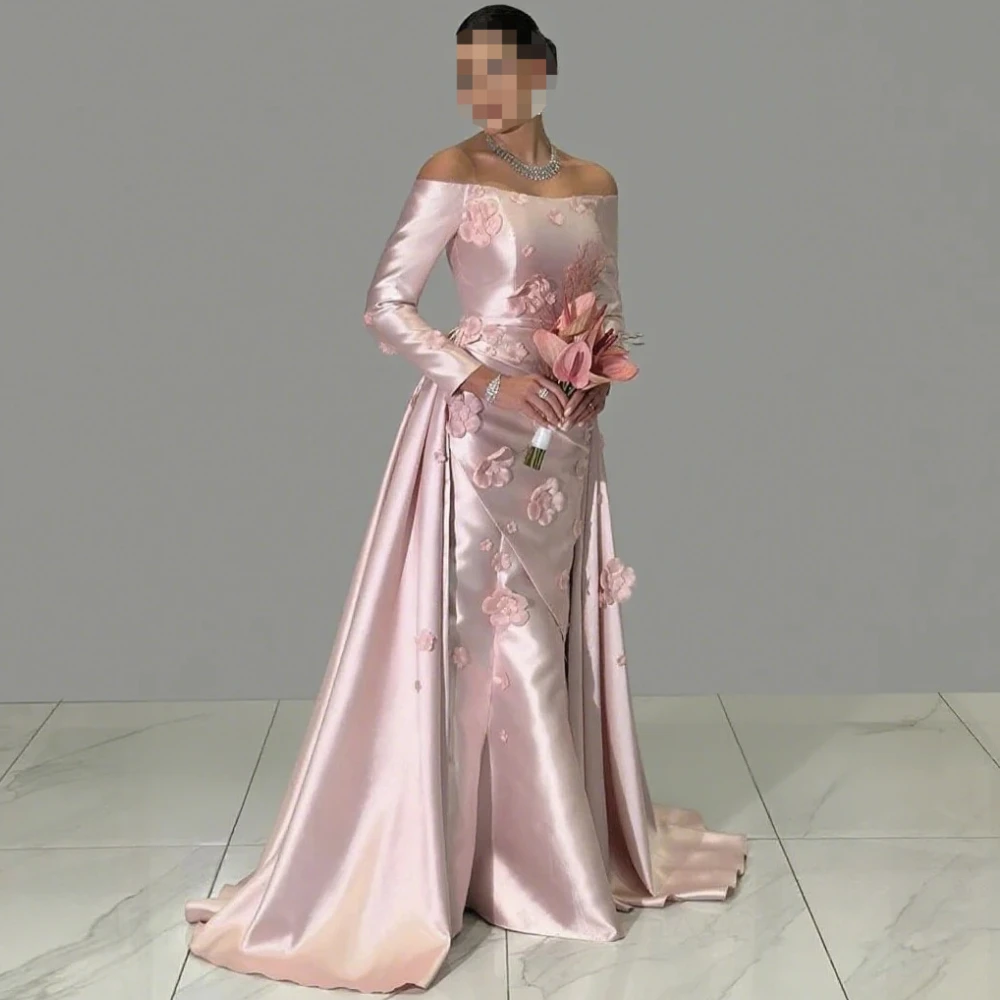 

Sharon Said Elegant Lilac Long Sleeves Evening Dress Off Shoulder 3D Flowers Overskirt for Women Wedding Party SS266 Customized