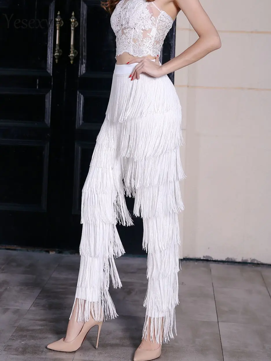 Yesexy New Fringed Pants Zipper  Pants Tassels Sexy Elegant High Waist Tights Zip Tassel fashion Sexy Versatile Black White