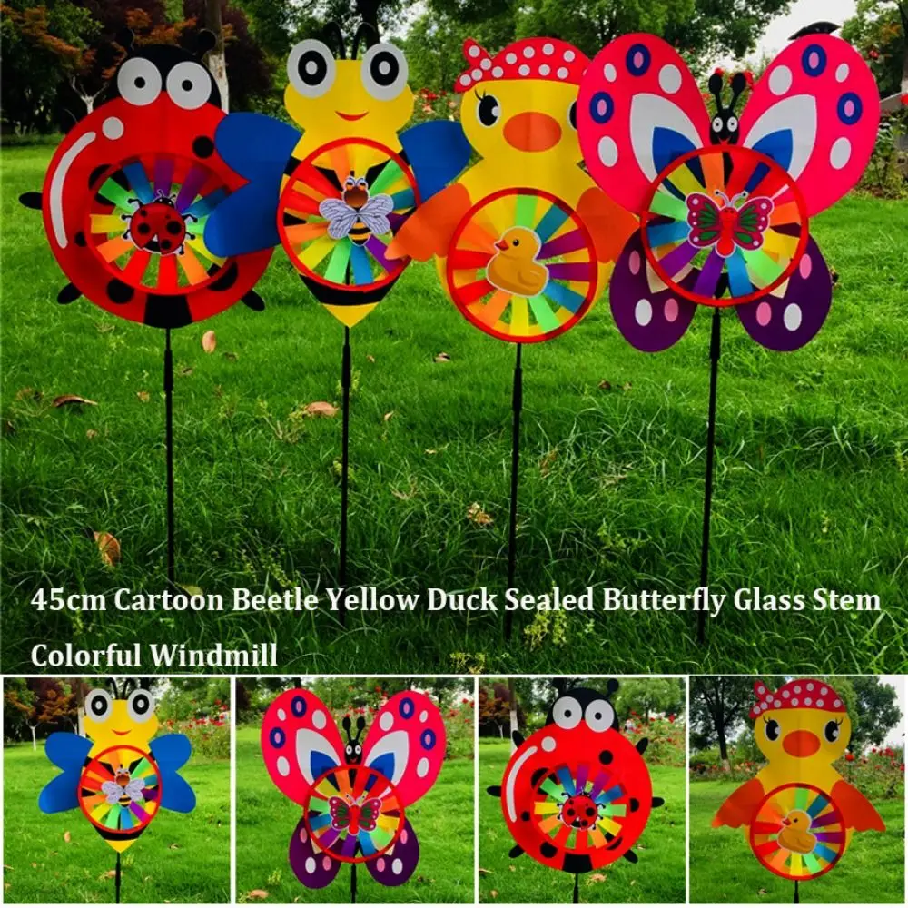 다양한 스타일의 밀폐형 나비 유리 스템 풍차 만화 무당벌레 노란 오리 PVC 회전 풍차 다채로운 색상 직경 45cm