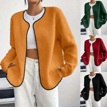 

Осень-зима 2025 г., новая модная женская повседневная куртка с круглым вырезом, простое удобное женское однотонное пальто