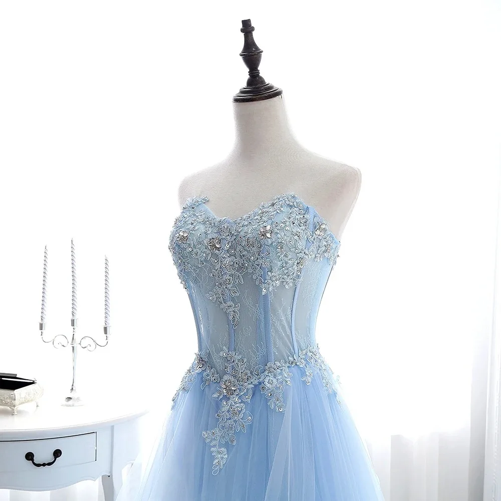 Light Blue Prom Dresses Long Sexy Sweetheart A-Line Tulle Lace Applique Beaded Crystal Women Formal Party Gown