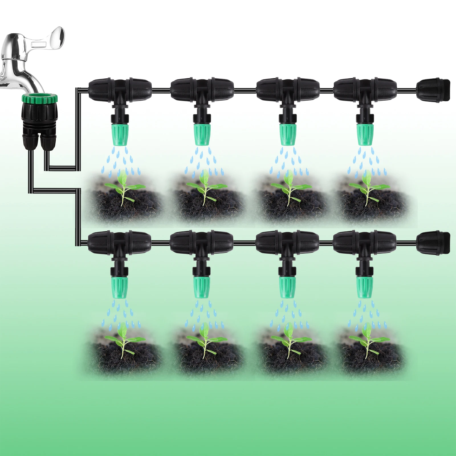 10M 1/4“ Hose Green Misting Nozzle Watering Kit Fasten Locked Tee 1-Way 2-Way DIY Garden Irrigation Flower Vegetable Sprayer