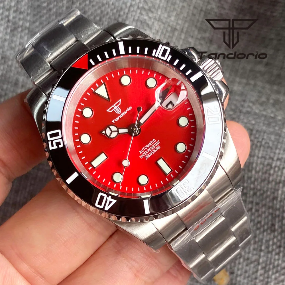 Tandorio NH35A Red Sunburst Dial 40mm Fashion Stainless Steel 200M Dive Automatic Watch for Men Rotating Bezel Sapphire Date