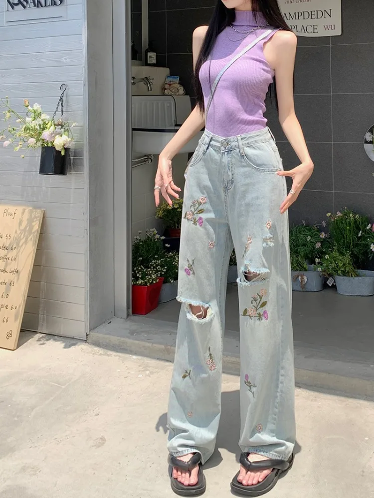 

Spring Summer Flower Embroidery Blue Hole Denim Pants For Women Leisure High Waist Straight Wide Leg Trousers Female Jeans