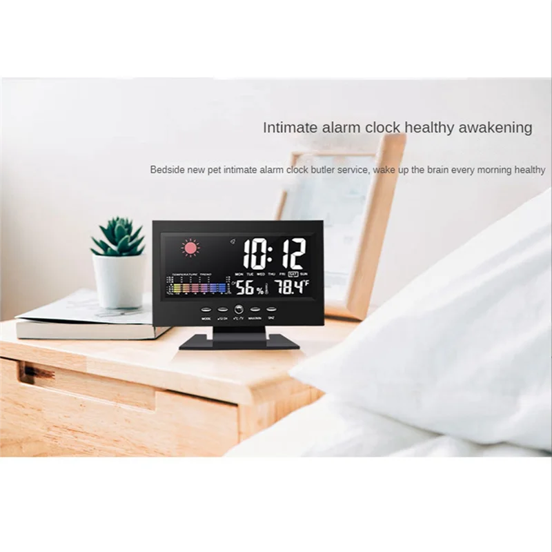 1Set Lcd Color Screen Digital Snooze Alarm Clock Temperature Humidity Time Date Display Clock Home Black