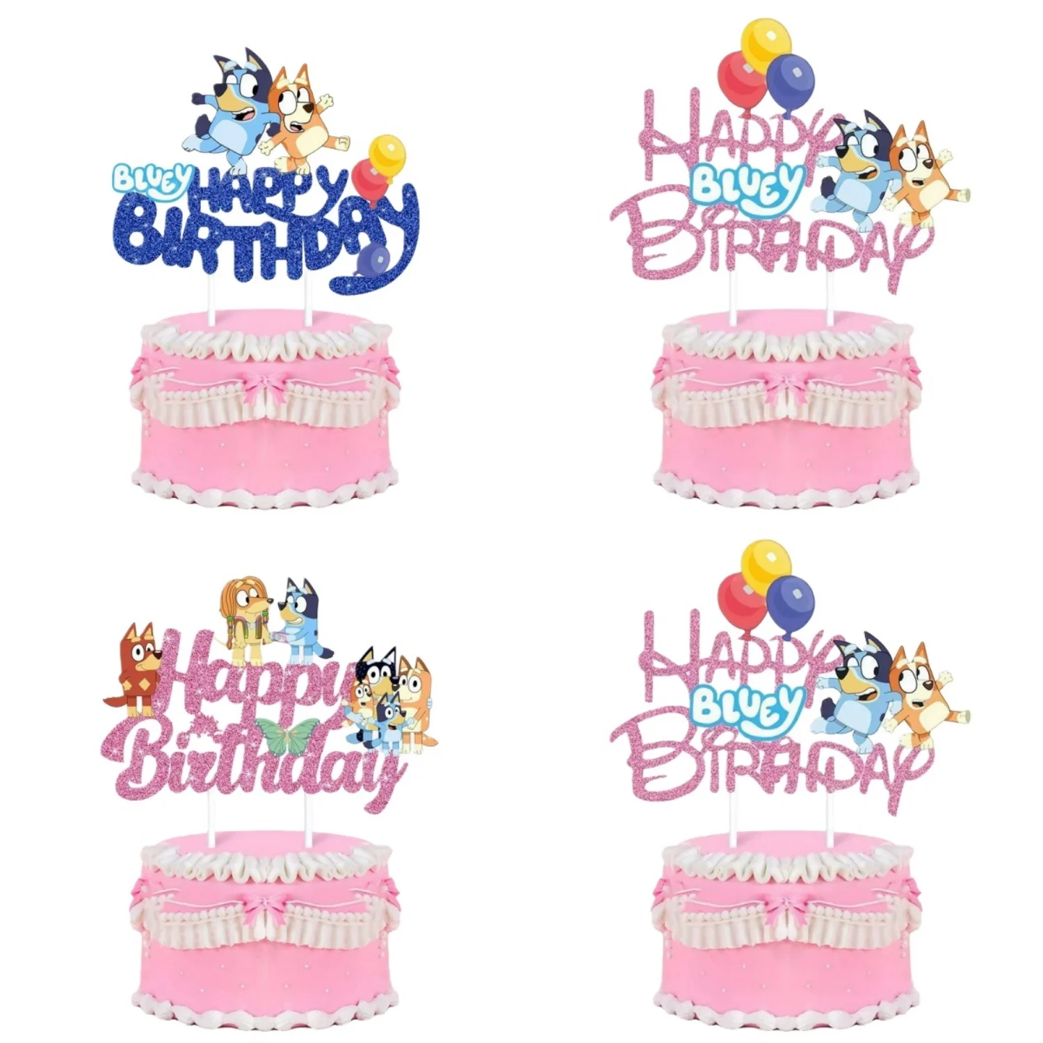 Bluey Bingo Glitter Cake Topper Set - Happy Birthday Decor for Kids Parties Baby Showers - Blue Pink Color Theme