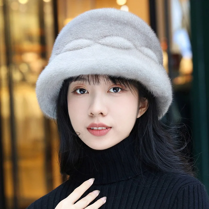 

New Whole SKin Real Mink Fisherman Hat Fashion Large Size Middle-aged And Elderly Casual Elegant Hat Outdoor Winter Warm Hat