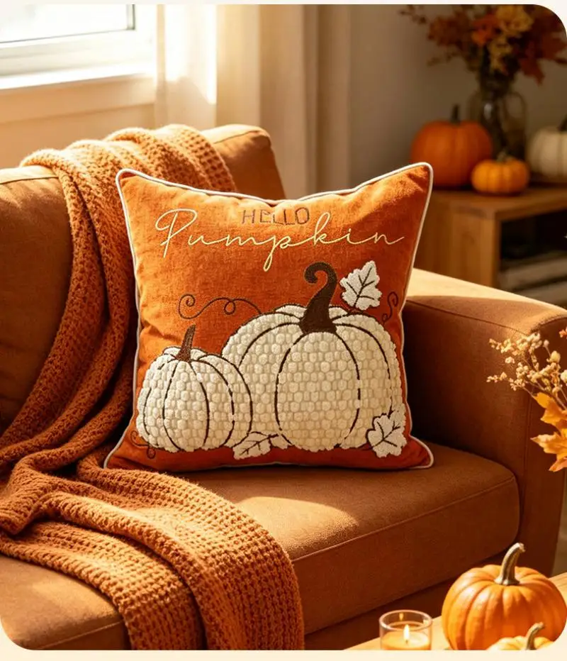 Thanksgiving Kürbis-Stickerei Kissenbezug Cojines Vintage Sofa-Kissenhülle Atmosphärische Heimdekoration Kissenbezüge – Detail 7