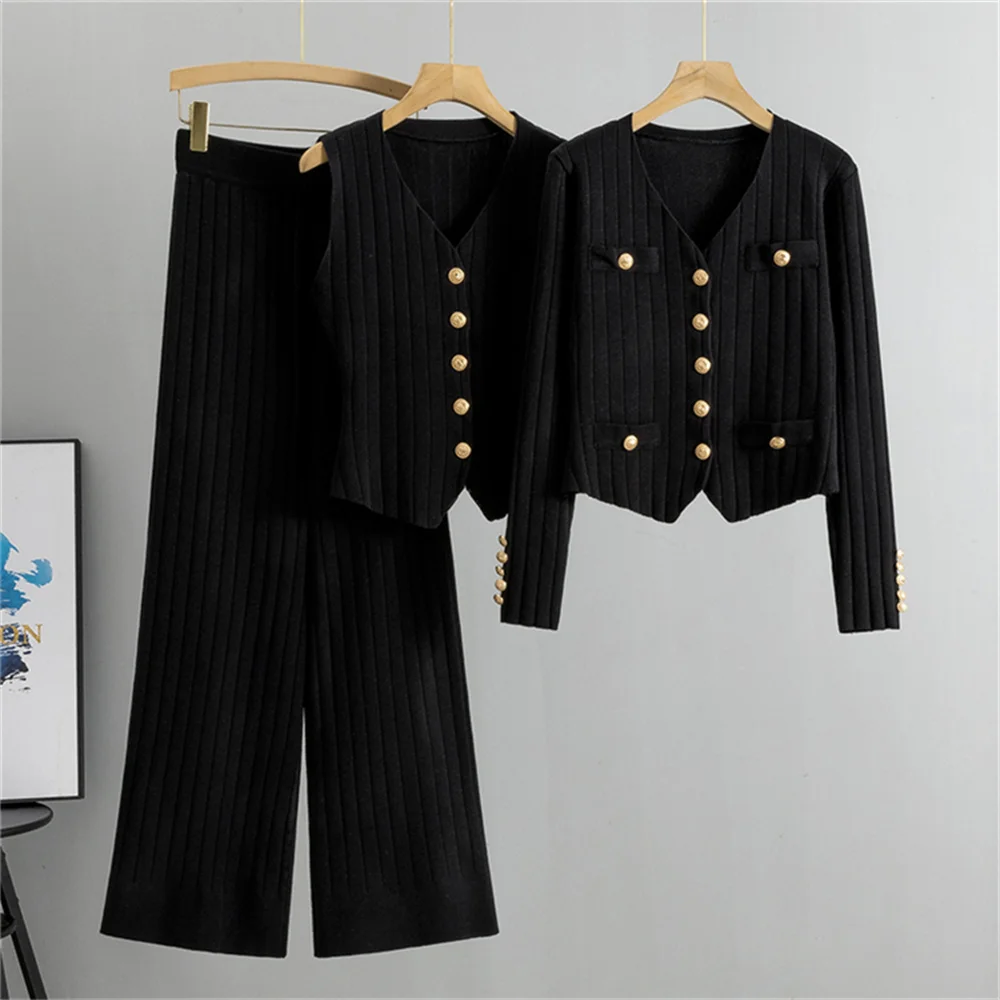 Autumn Pit-Stripe Knitted Sweater 3 Piece Sets Women Winter Luxury Metal Buttons Knitted Cardigan +Vest+Wide Leg Pants Sets