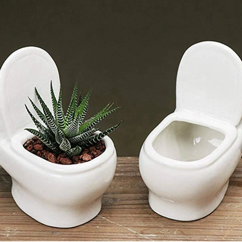 White Ceramic Toilet Plant Pot/Bonsai Pot/Flower Pot/Succulent Planter Perfect Gifts For Women, Mom Or Birthdays, Easy To Use