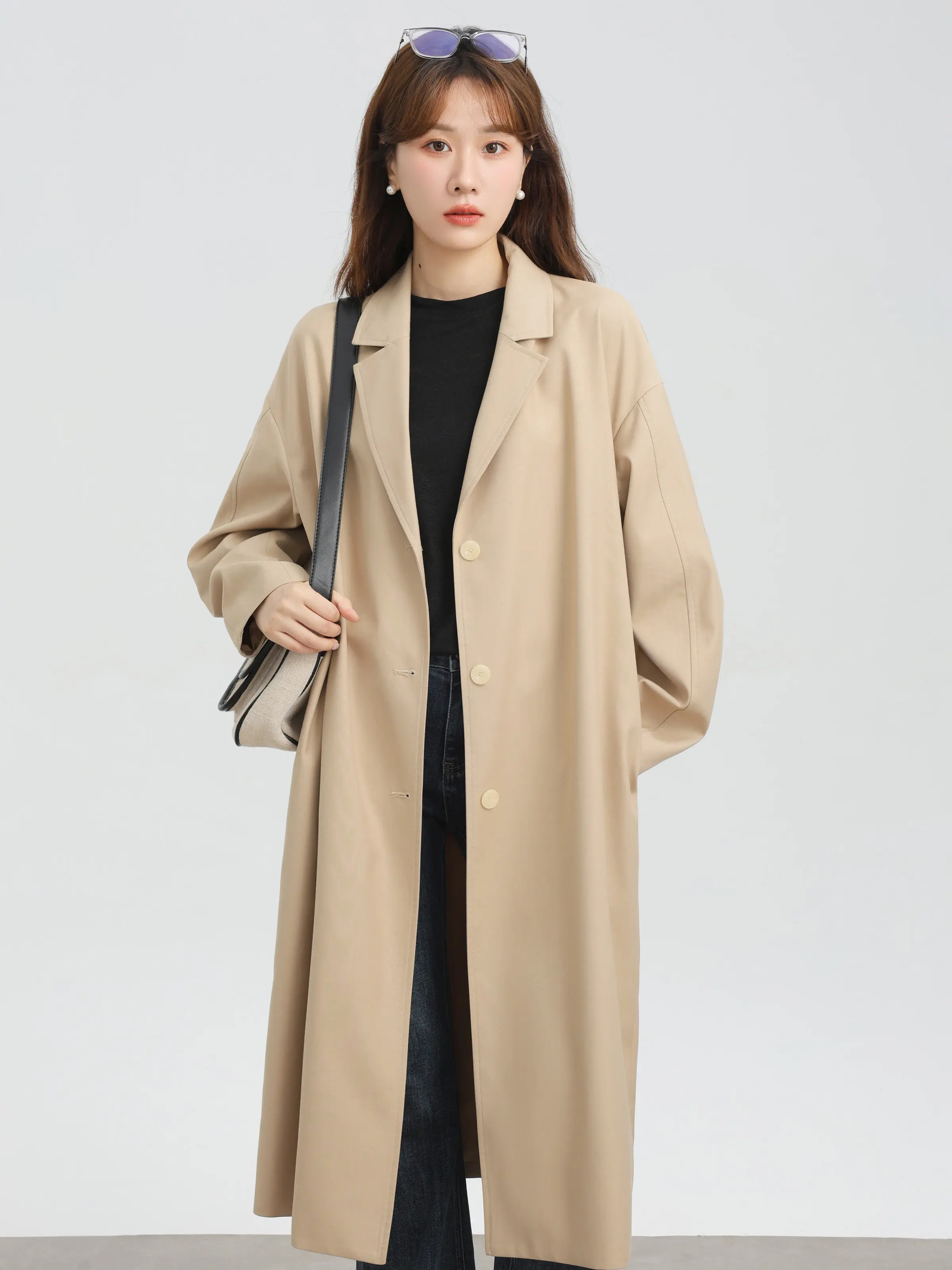 Women Early Spring British Style Trench Notched Collar Coat Dropped Shoulder Loose Fit Long Overcoat for Lady Office Daily Wear