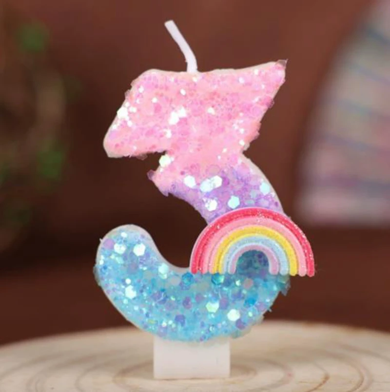 1 STÜCK Geburtstagszahl 0-9 Kerzen Regenbogenthema Geburtstagskerzen für Kuchen Rosa Grüne Ziffer Kerze Kuchendeckel mit Pailletten – Detail 6