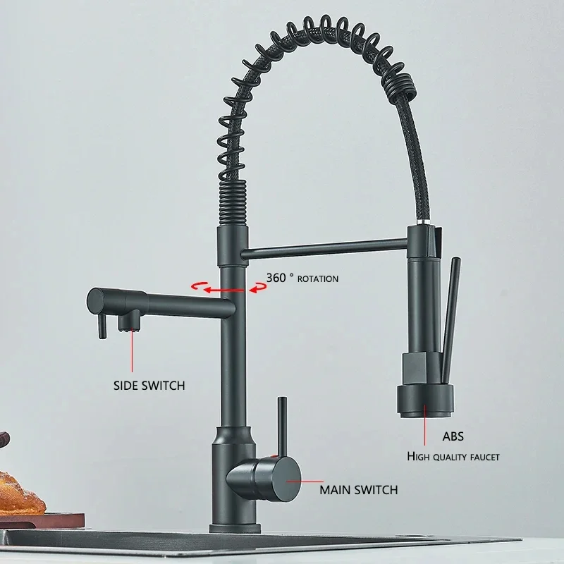 

Black Kitchen Sink Faucet Pull Down Hot and Cold Water Mixer2 Mode Tap with Dual Spout 360 Rotation Flexible Deck Mounted