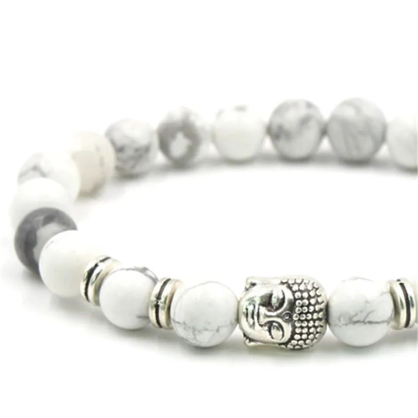 8mm Howlite Silver Buddha Mala Bracelet Gemstone 7.5 inches Bohemian Stackable Men Bangle Eco-Friendly Classic Prayer