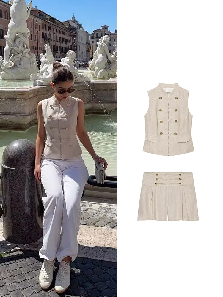

HH Retro 2 Piece Outfit Double Breasted Zip Sleeveless Vest & Pleated High Waist Shorts Set Spring Daily Business Festival Wear